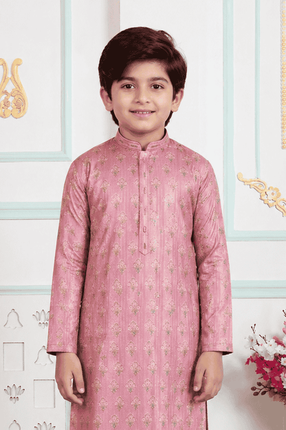Art Silk Pintux Work Onion Colour Kids Kurta Pajama