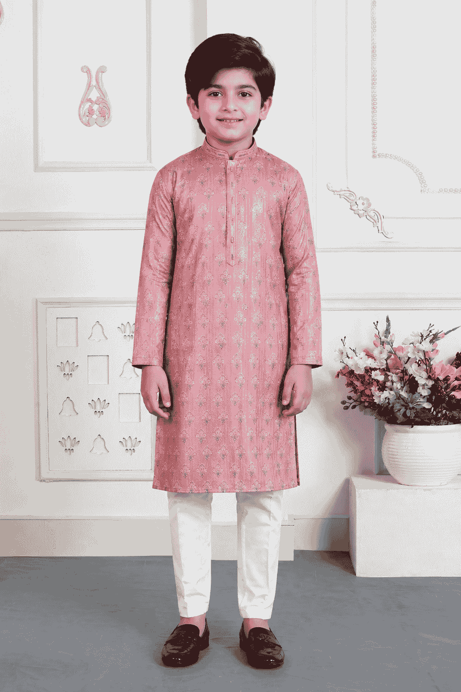 Art Silk Pintux Work Onion Colour Kids Kurta Pajama