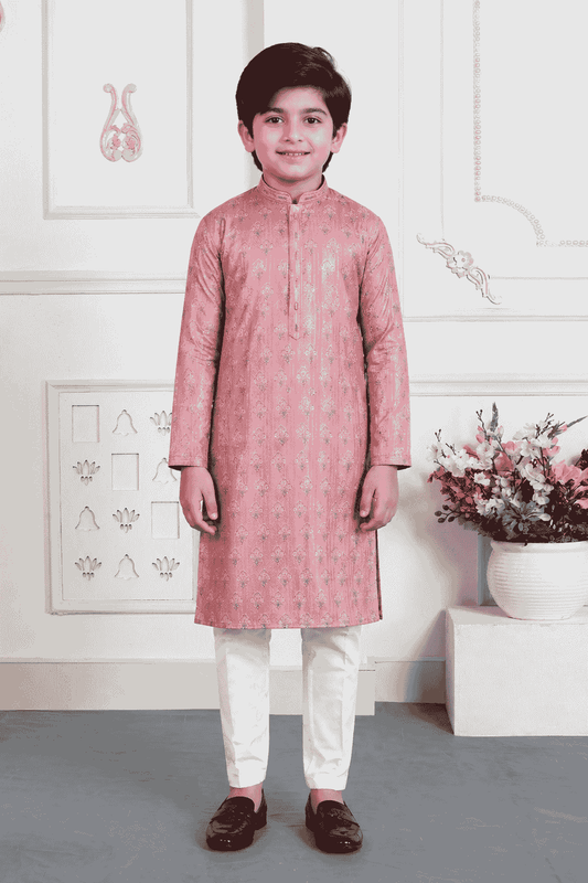 Art Silk Pintux Work Onion Colour Kids Kurta Pajama
