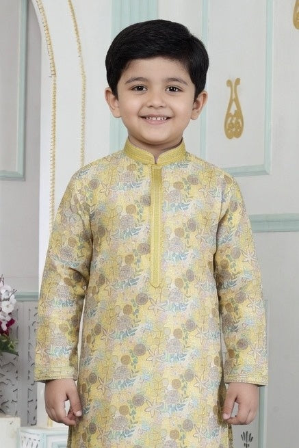 Art Silk Pintux Work Yellow Colour Kids Kurta Pajama
