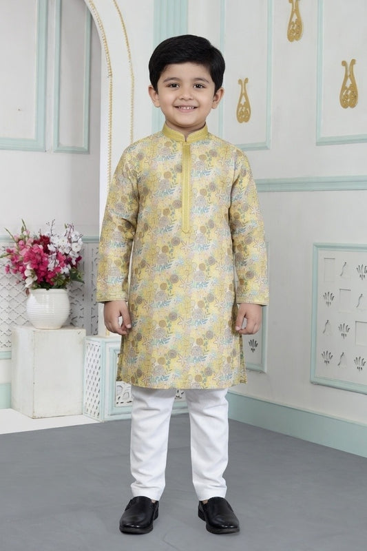 Art Silk Pintux Work Yellow Colour Kids Kurta Pajama
