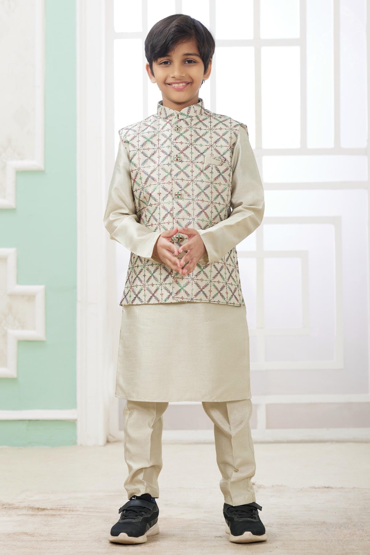 Art Silk Pista Green Colour Thread Embroidery Work 3 Pcs Jacket Set