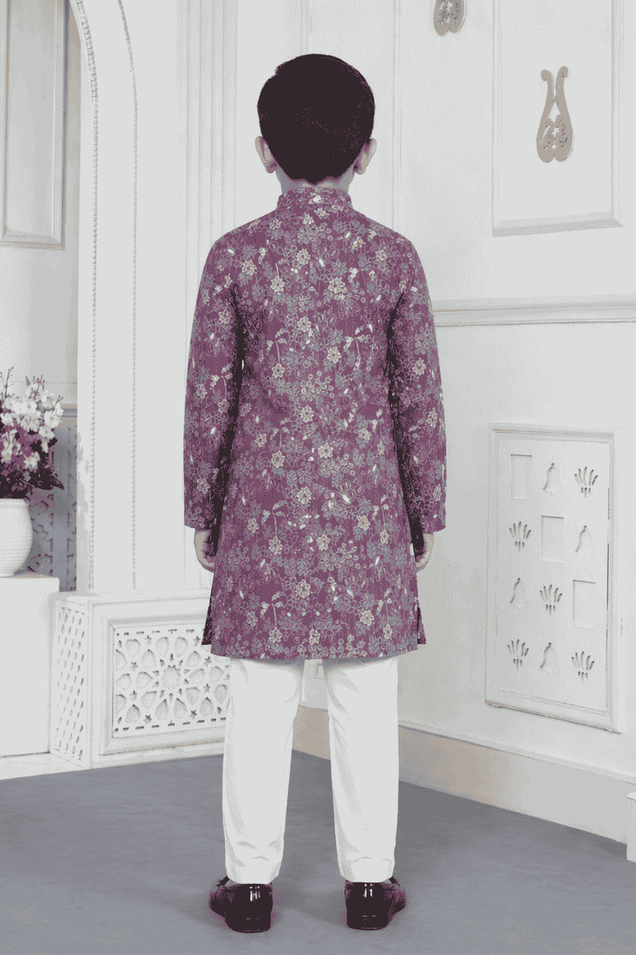Art Silk Purple Colour Pintux Work Kids Kurta Pajama