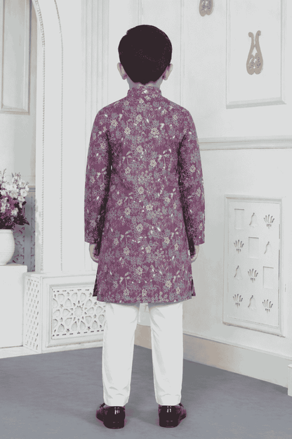 Art Silk Purple Colour Pintux Work Kids Kurta Pajama