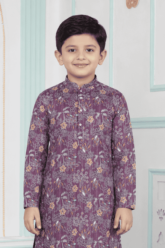 Art Silk Purple Colour Pintux Work Kids Kurta Pajama