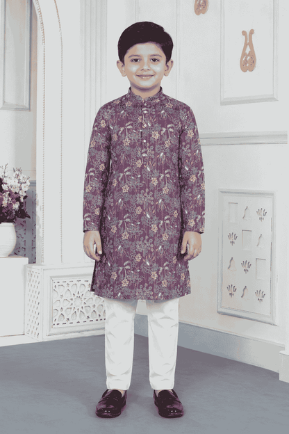 Art Silk Purple Colour Pintux Work Kids Kurta Pajama