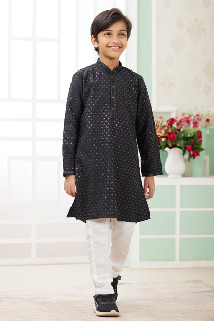Art Silk Thread Embroidery Work Black Colour Kurta Pajama