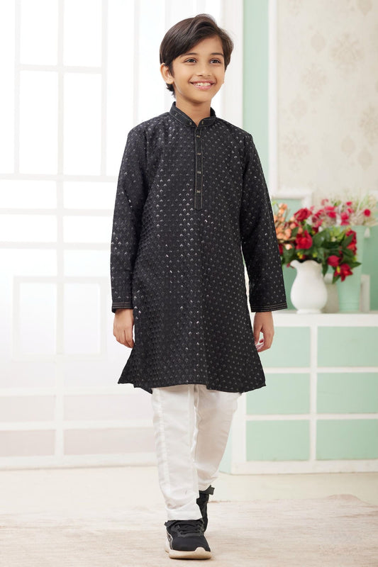 Art Silk Thread Embroidery Work Black Colour Kurta Pajama