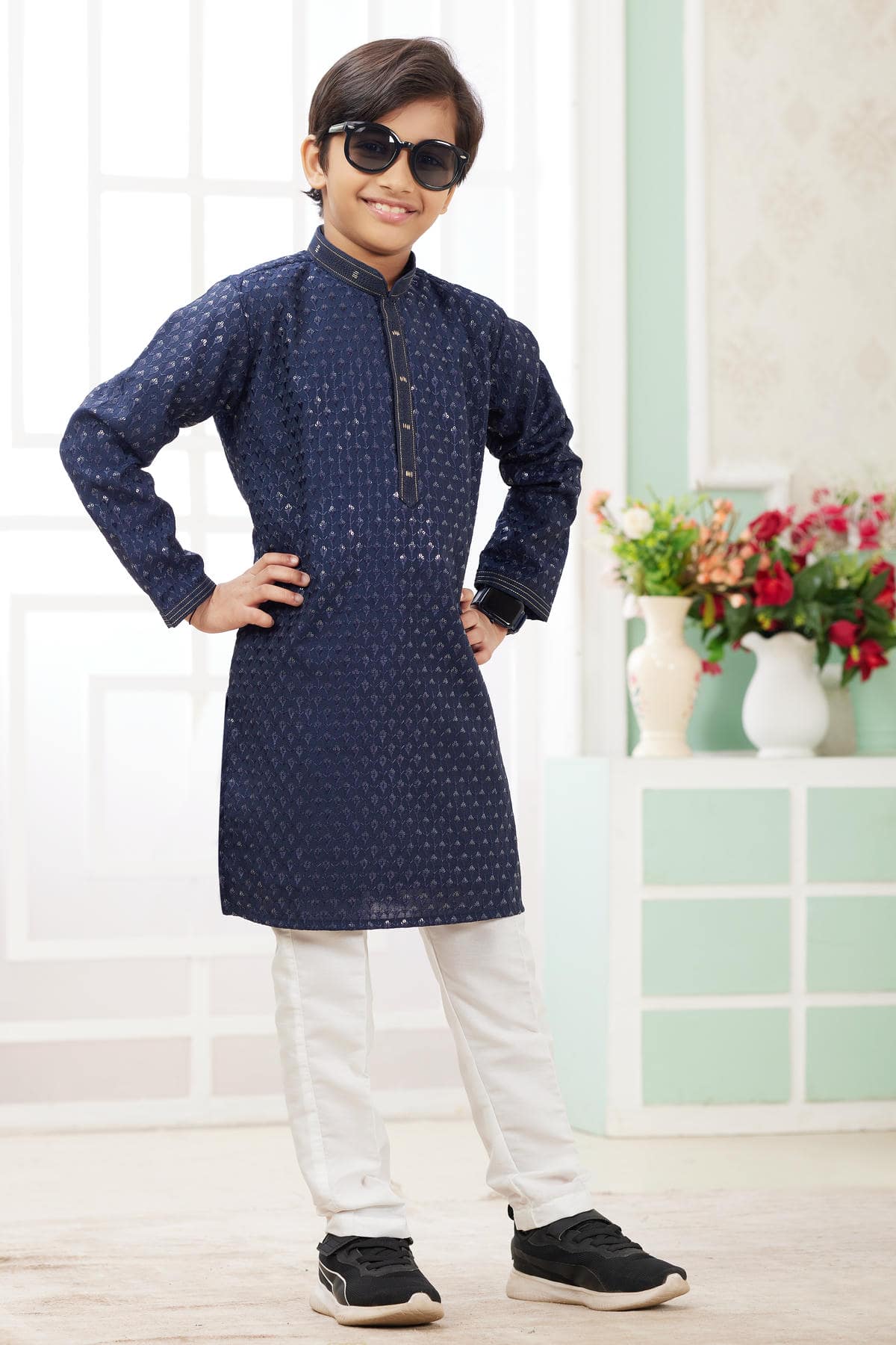 Art Silk Thread Embroidery Work Blue Colour Kurta Pajama