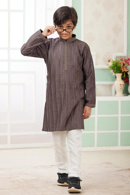Art Silk Thread Embroidery Work Brown Colour Kurta Pajama