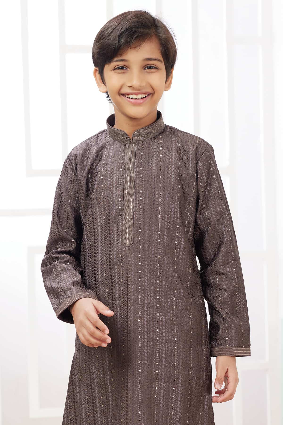 Art Silk Thread Embroidery Work Brown Colour Kurta Pajama
