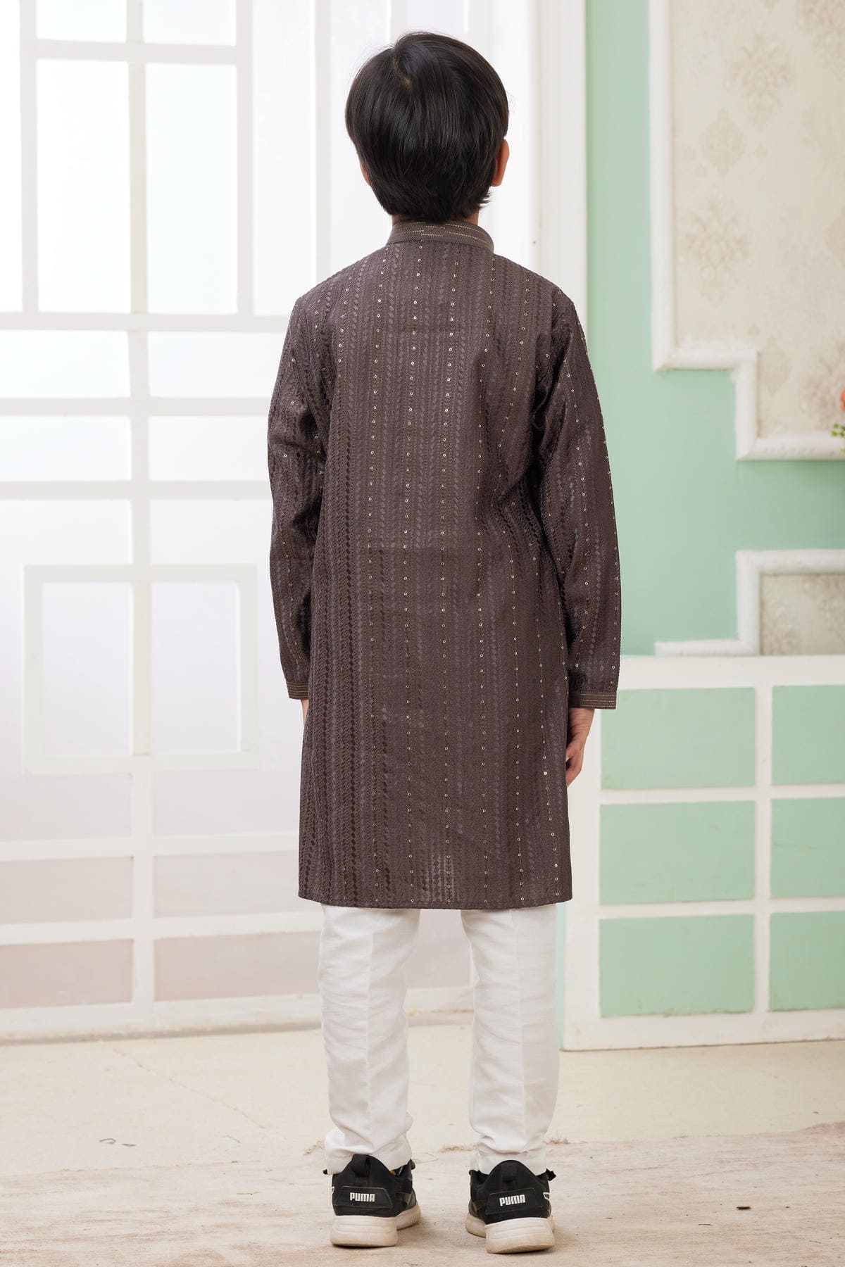 Art Silk Thread Embroidery Work Brown Colour Kurta Pajama