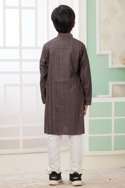 Art Silk Thread Embroidery Work Brown Colour Kurta Pajama