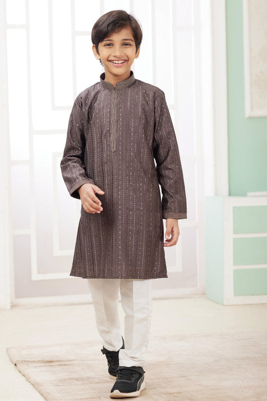 Art Silk Thread Embroidery Work Brown Colour Kurta Pajama