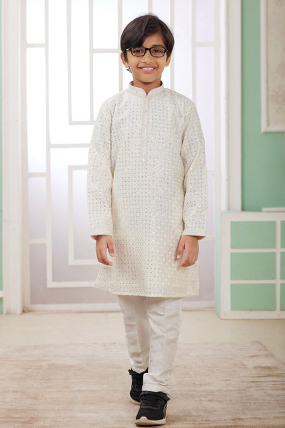 Art Silk Thread Embroidery Work Cream Colour Kurta Pajama