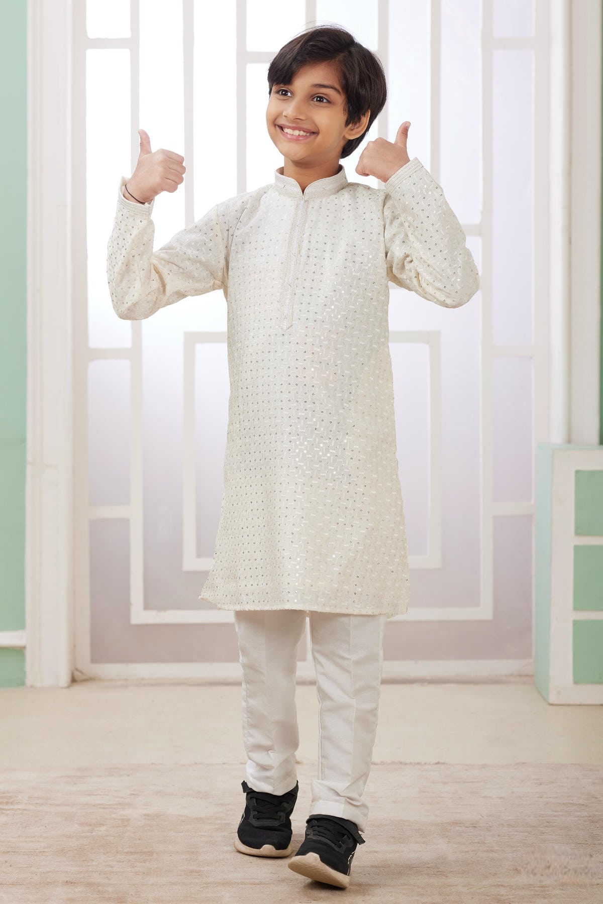 Art Silk Thread Embroidery Work Cream Colour Kurta Pajama