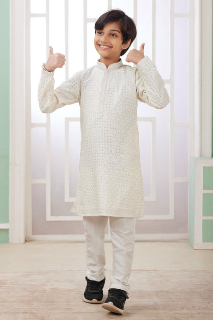 Art Silk Thread Embroidery Work Cream Colour Kurta Pajama