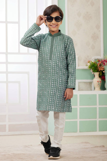 Art Silk Thread Embroidery Work Green Colour Kurta Pajama