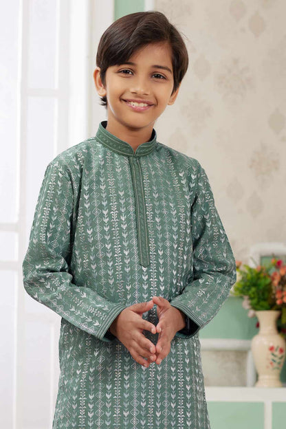 Art Silk Thread Embroidery Work Green Colour Kurta Pajama