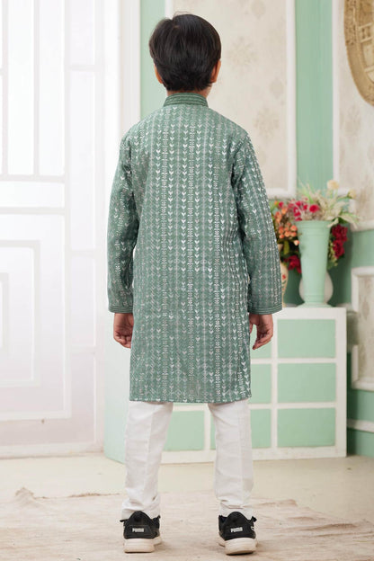Art Silk Thread Embroidery Work Green Colour Kurta Pajama