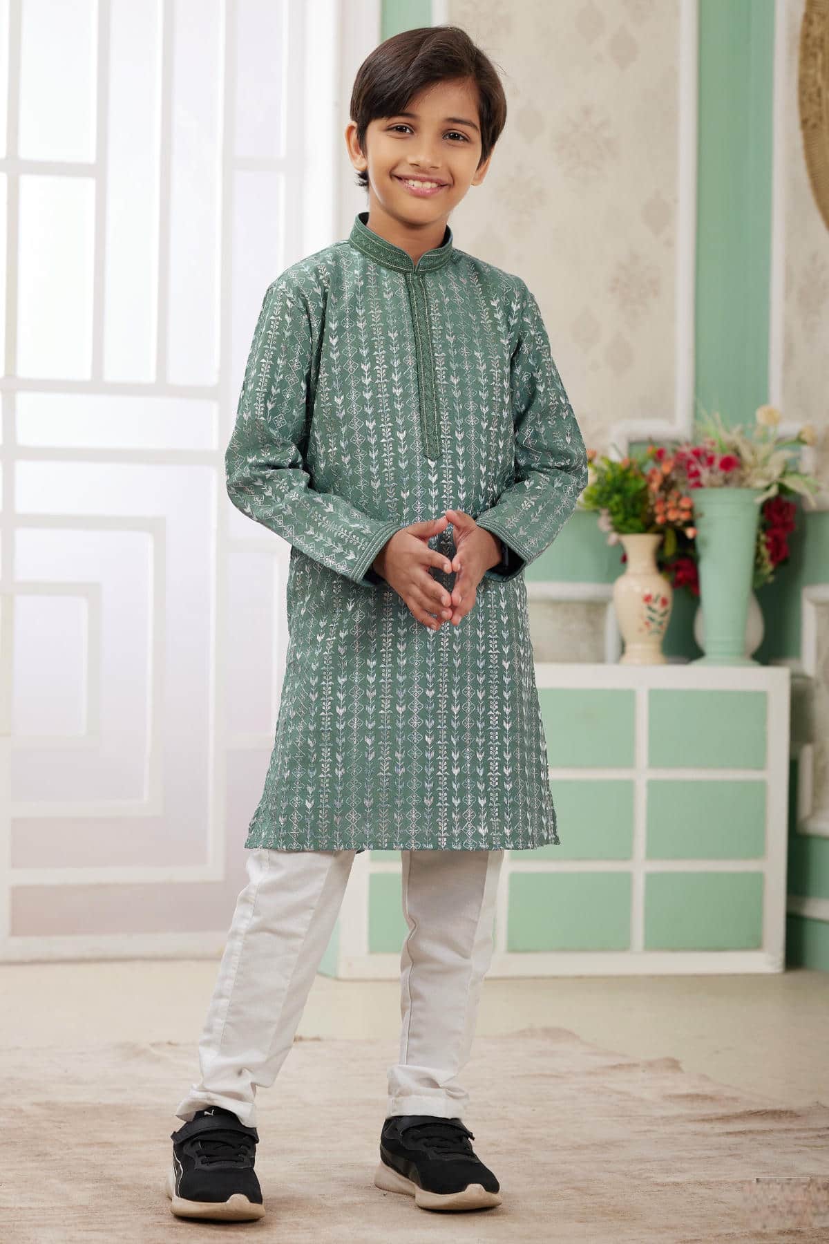 Art Silk Thread Embroidery Work Green Colour Kurta Pajama