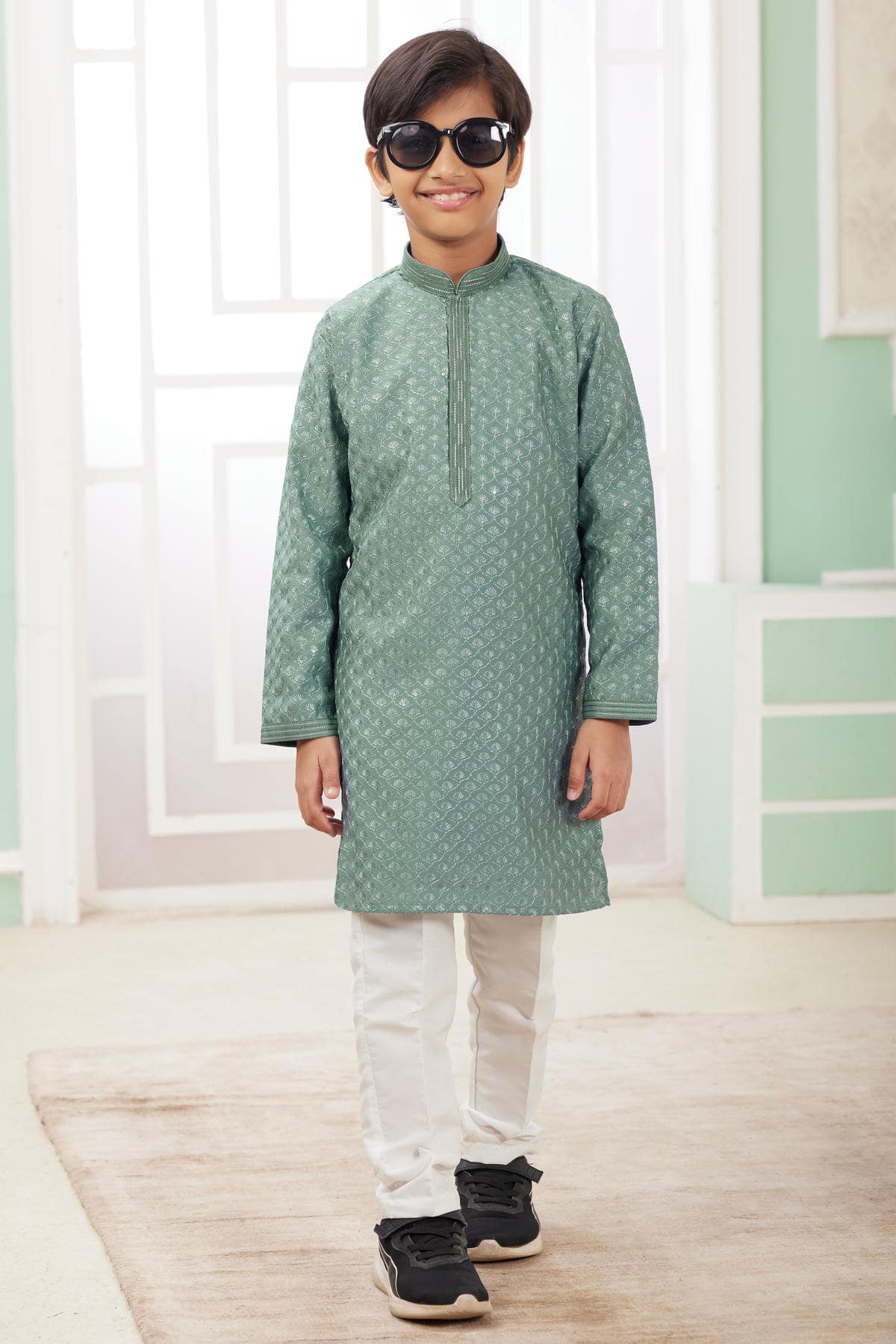 Art Silk Thread Embroidery Work Green Colour Kurta Pajama