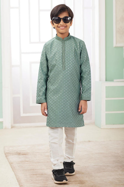 Art Silk Thread Embroidery Work Green Colour Kurta Pajama