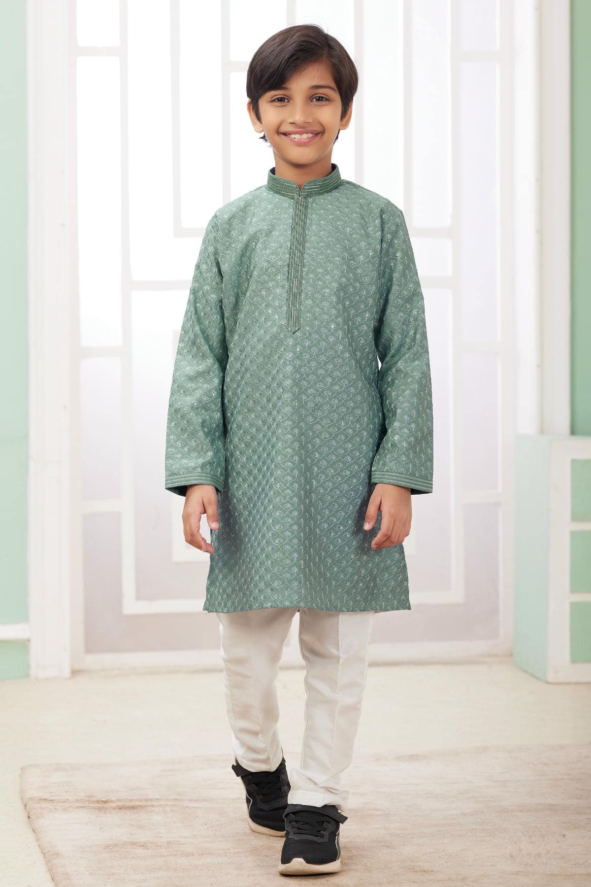 Art Silk Thread Embroidery Work Green Colour Kurta Pajama