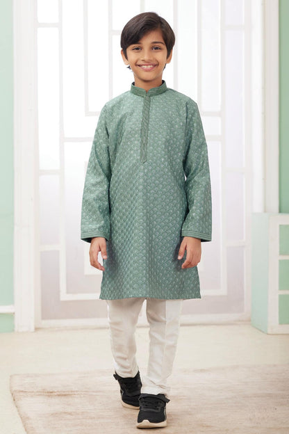 Art Silk Thread Embroidery Work Green Colour Kurta Pajama