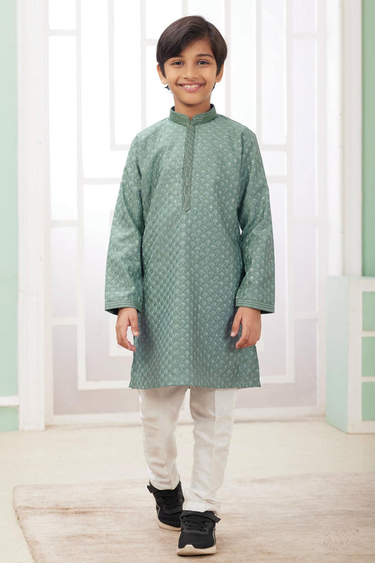 Art Silk Thread Embroidery Work Green Colour Kurta Pajama