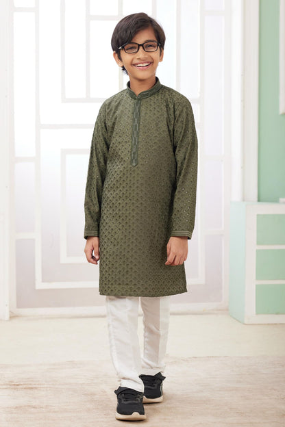 Art Silk Thread Embroidery Work Green Colour Kurta Pajama