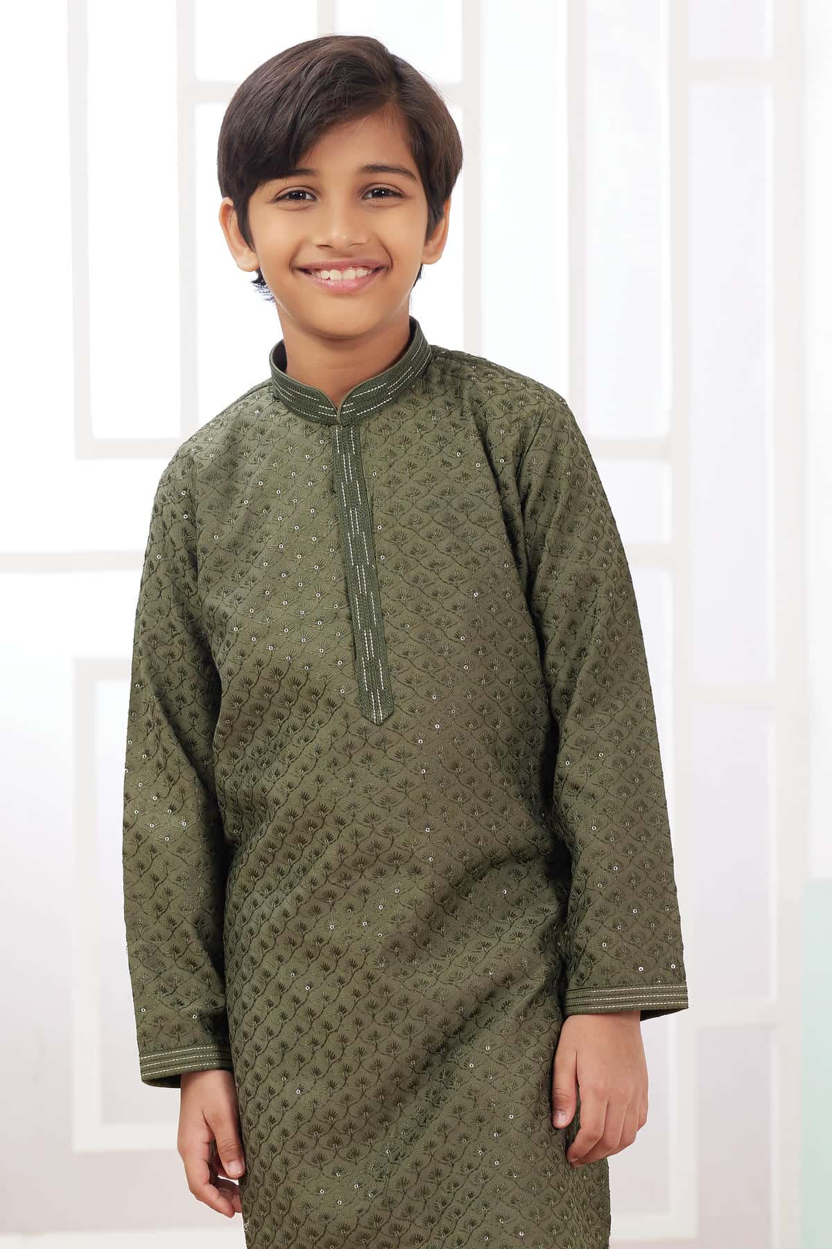 Art Silk Thread Embroidery Work Green Colour Kurta Pajama