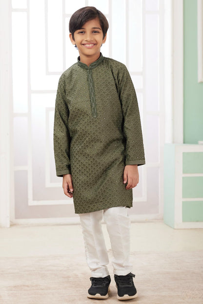 Art Silk Thread Embroidery Work Green Colour Kurta Pajama