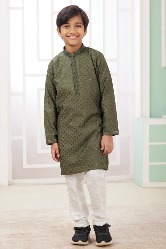 Art Silk Thread Embroidery Work Green Colour Kurta Pajama