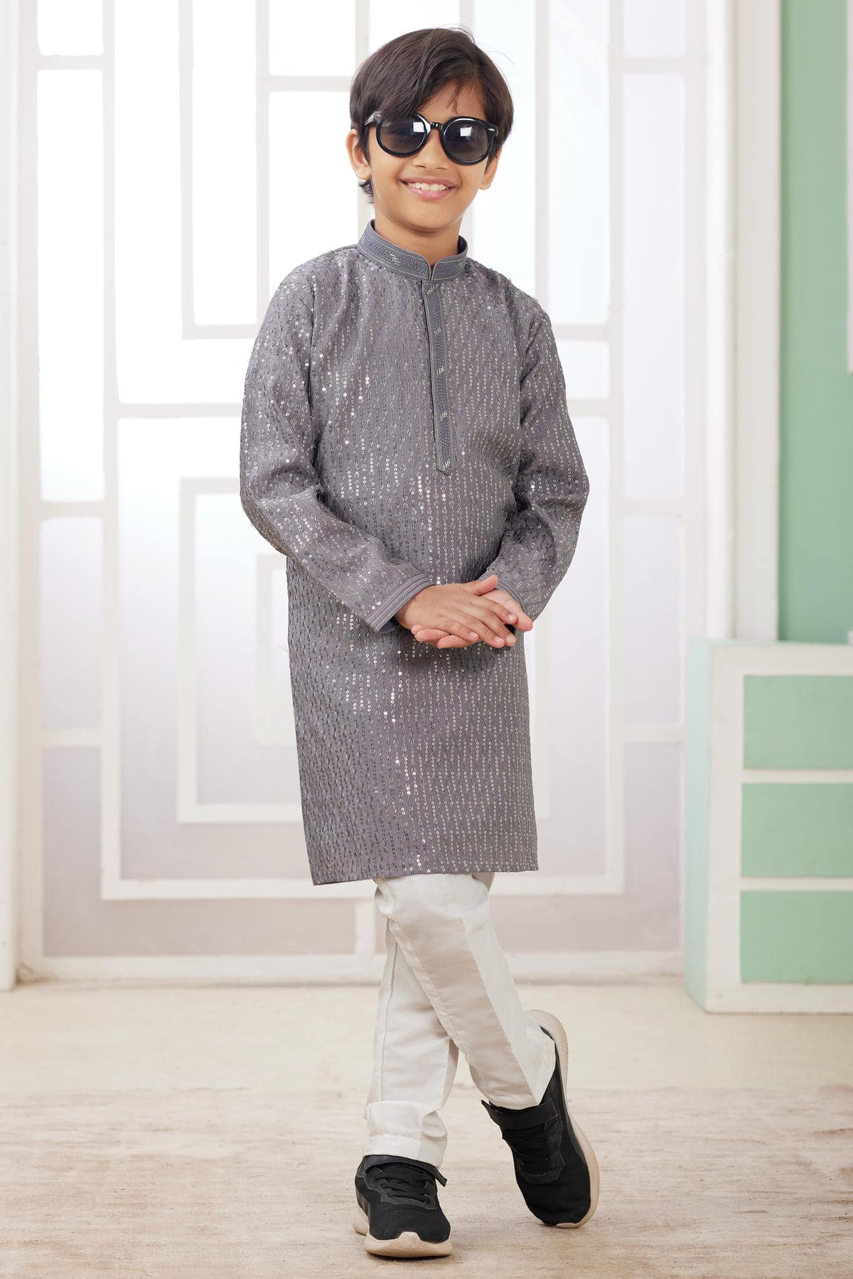 Art Silk Thread Embroidery Work Grey Colour Kurta Pajama