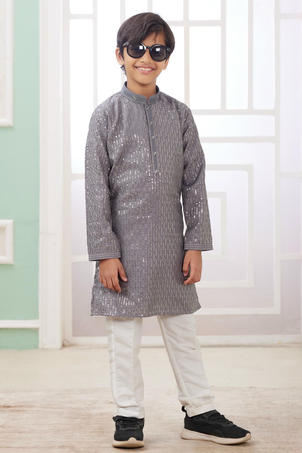 Art Silk Thread Embroidery Work Grey Colour Kurta Pajama