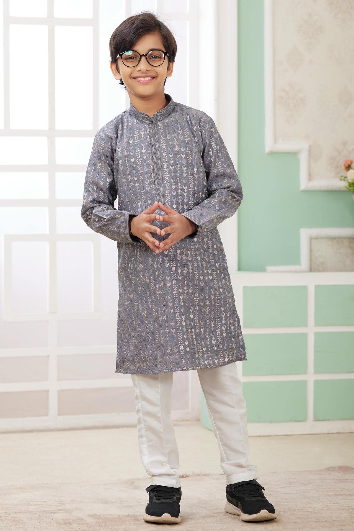Art Silk Thread Embroidery Work Grey Colour Kurta Pajama