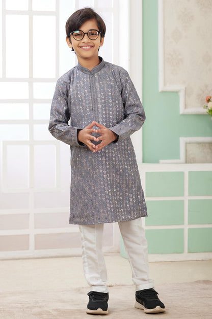 Art Silk Thread Embroidery Work Grey Colour Kurta Pajama