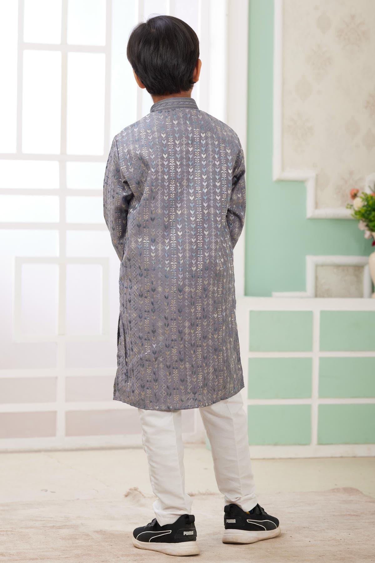 Art Silk Thread Embroidery Work Grey Colour Kurta Pajama