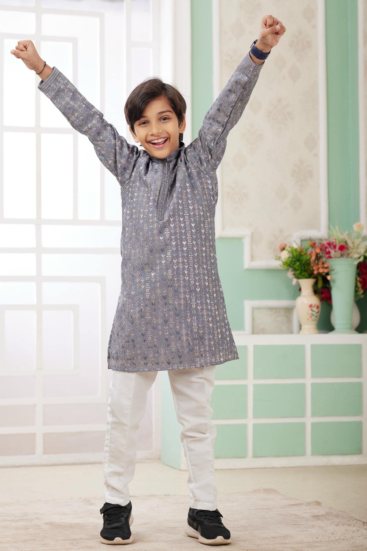 Art Silk Thread Embroidery Work Grey Colour Kurta Pajama