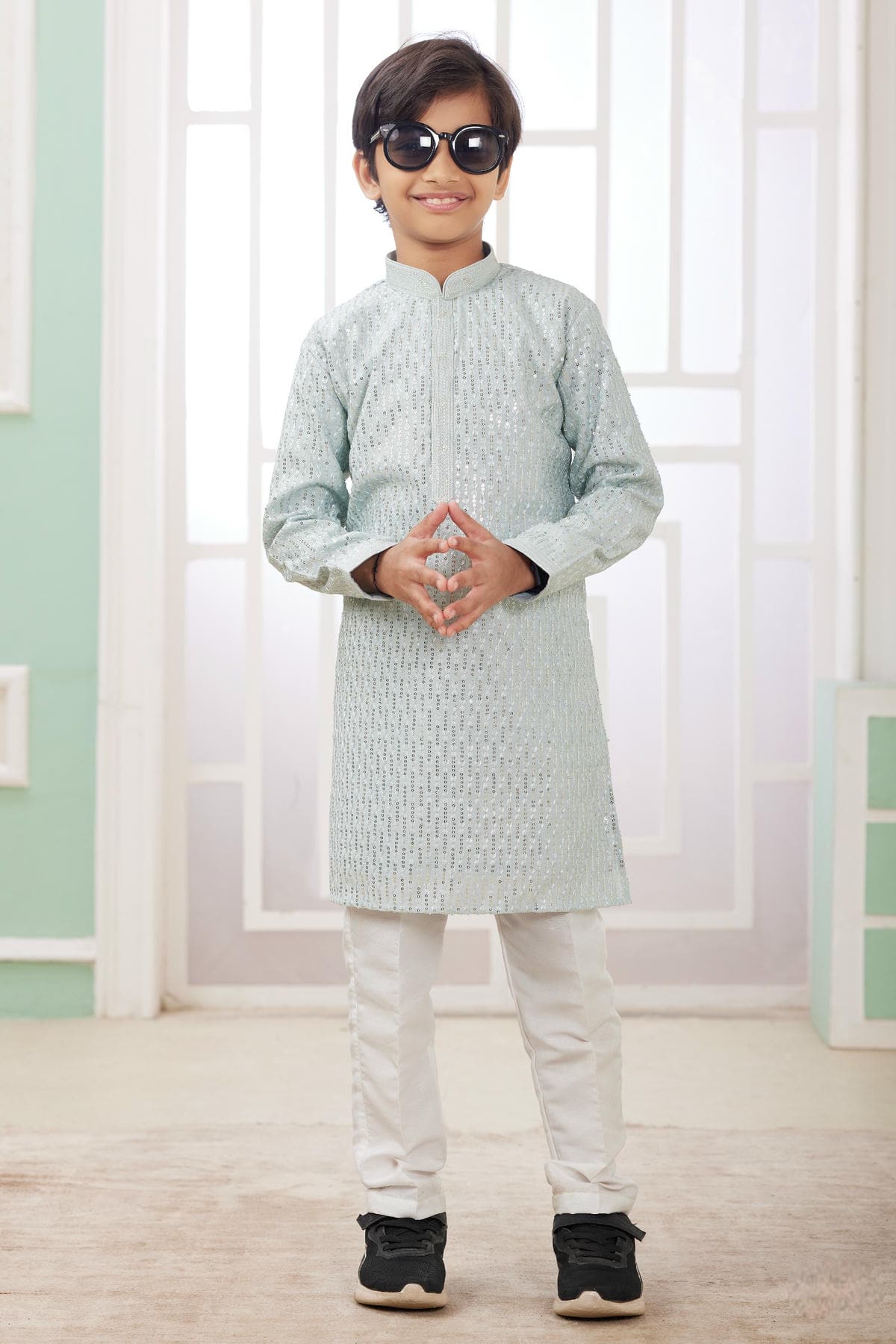 Art Silk Thread Embroidery Work Mint Green Colour Kurta Pajama