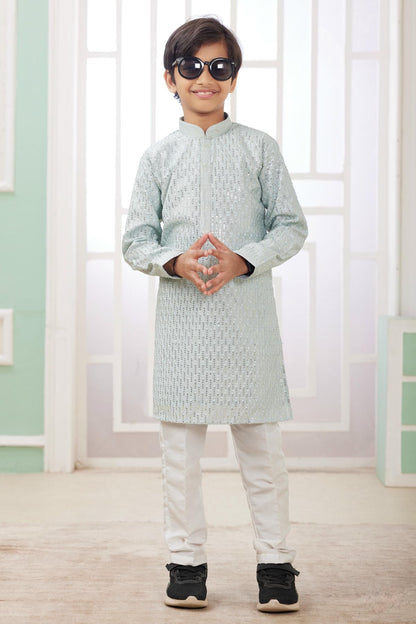 Art Silk Thread Embroidery Work Mint Green Colour Kurta Pajama