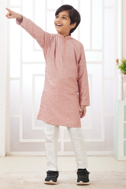Art Silk Thread Embroidery Work Peach Colour Kurta Pajama