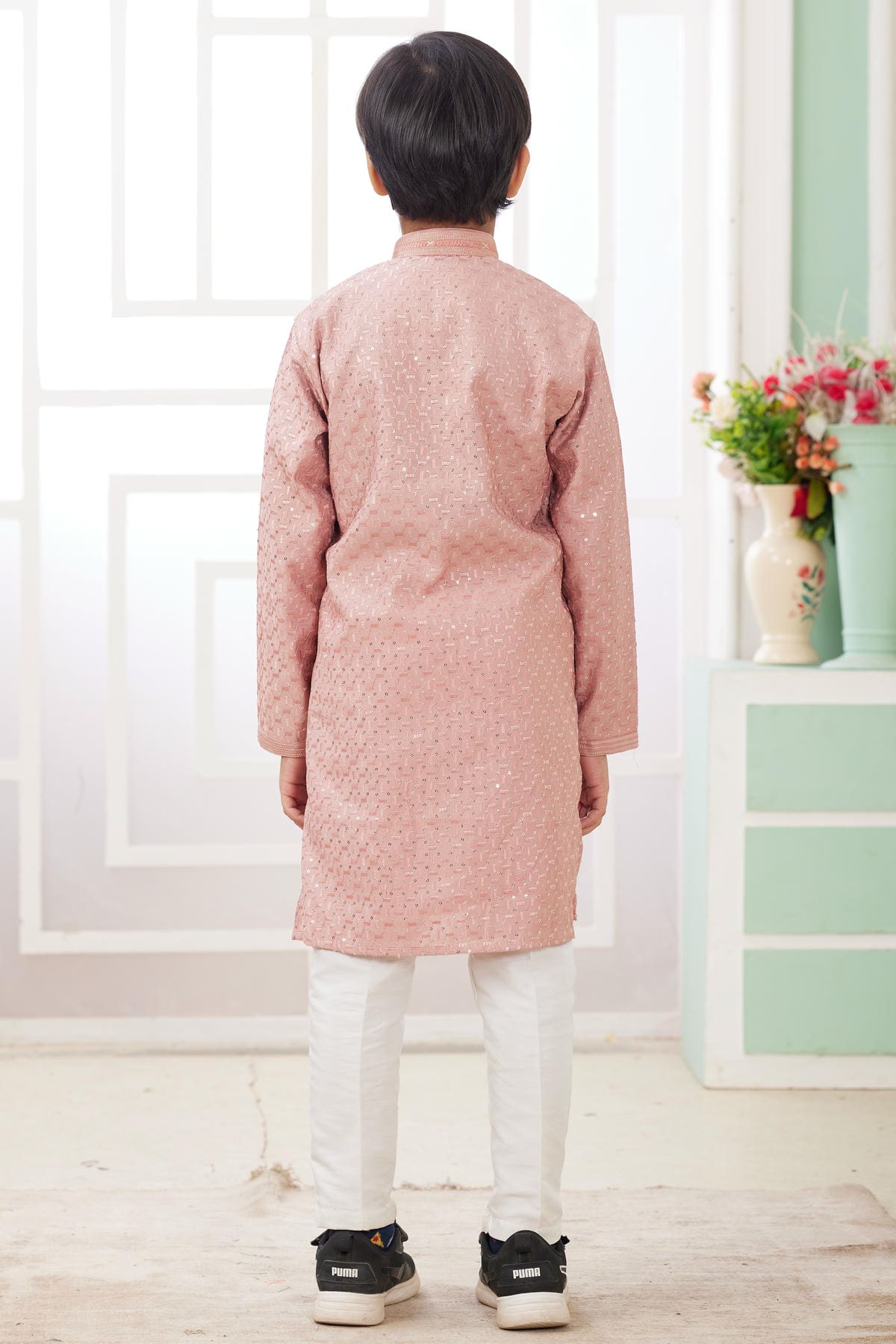 Art Silk Thread Embroidery Work Peach Colour Kurta Pajama