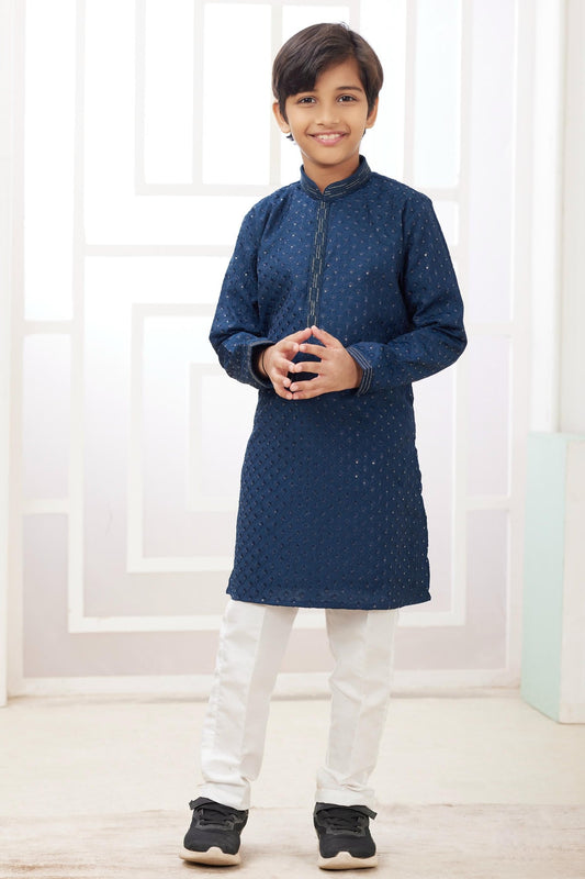 Art Silk Thread Embroidery Work Teal Blue Colour Kurta Pajama