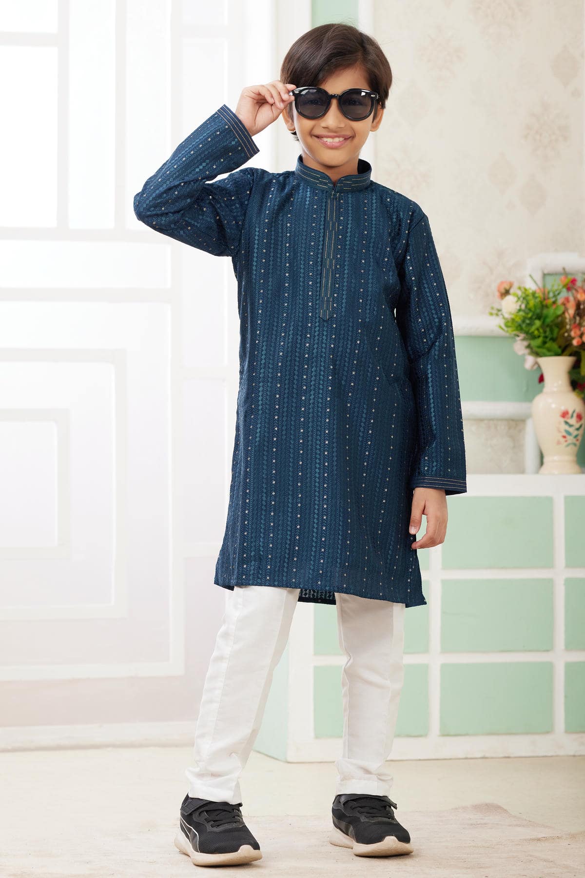 Art Silk Thread Embroidery Work Teal Green Colour Kurta Pajama