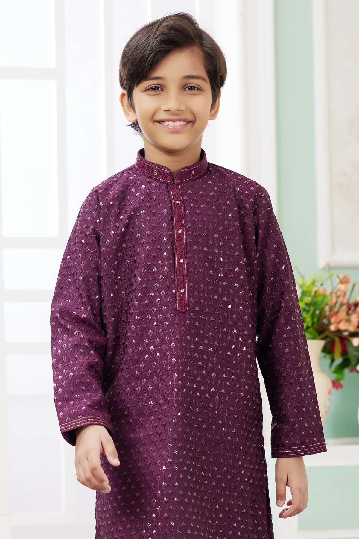Art Silk Thread Embroidery Work Wine Colour Kurta Pajama