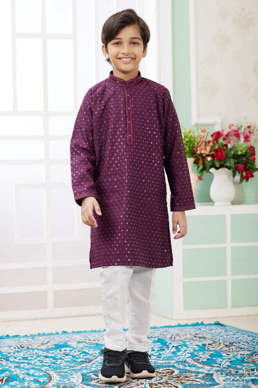Art Silk Thread Embroidery Work Wine Colour Kurta Pajama