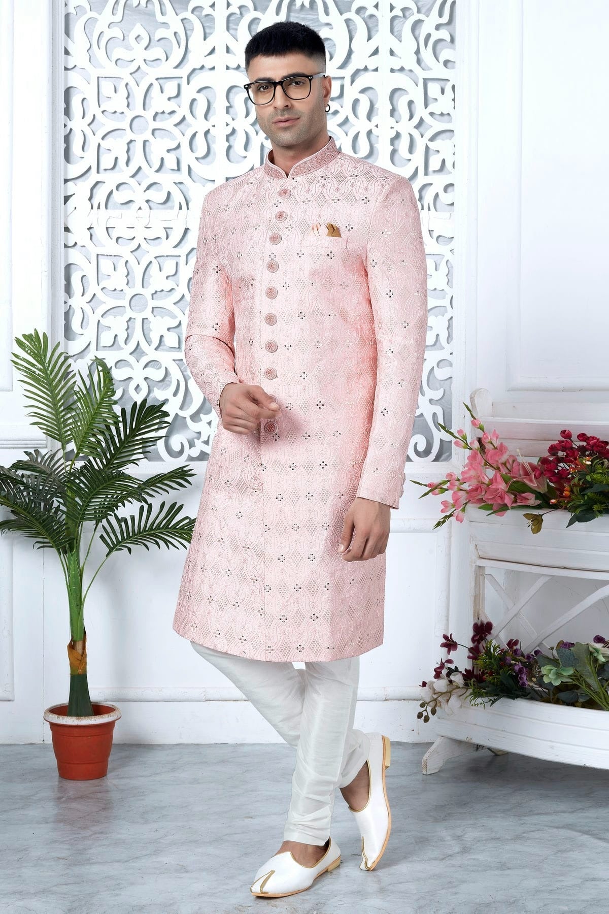 Baby Pink Colour Art Silk Sherwani With Churidar Pant SH1230058 A