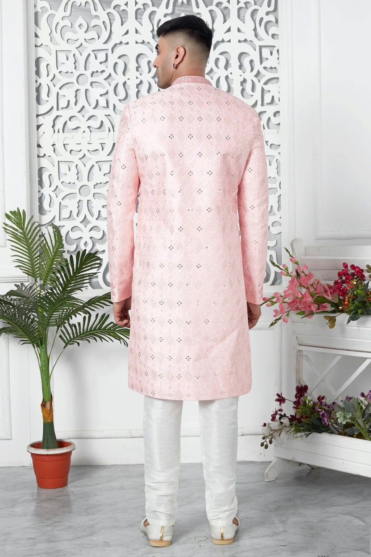 Baby Pink Colour Art Silk Sherwani With Churidar Pant SH1230058 B